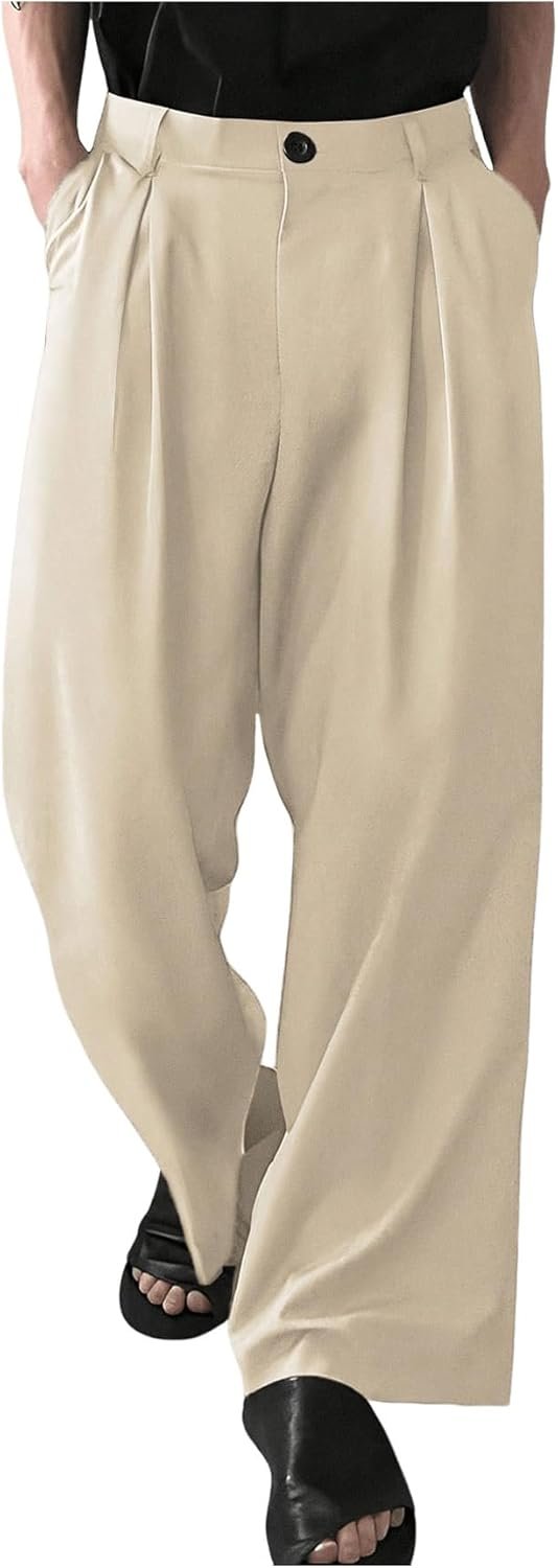 Men's Pleated Wide Leg Pants Straight High Waisted Work Pants Trousers with Pocket