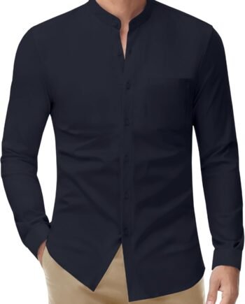 Band Collar Dress Shirts for Men Stretch Dress Shirts Collarless Button Down Long Sleeve Shirts Muscle Fit