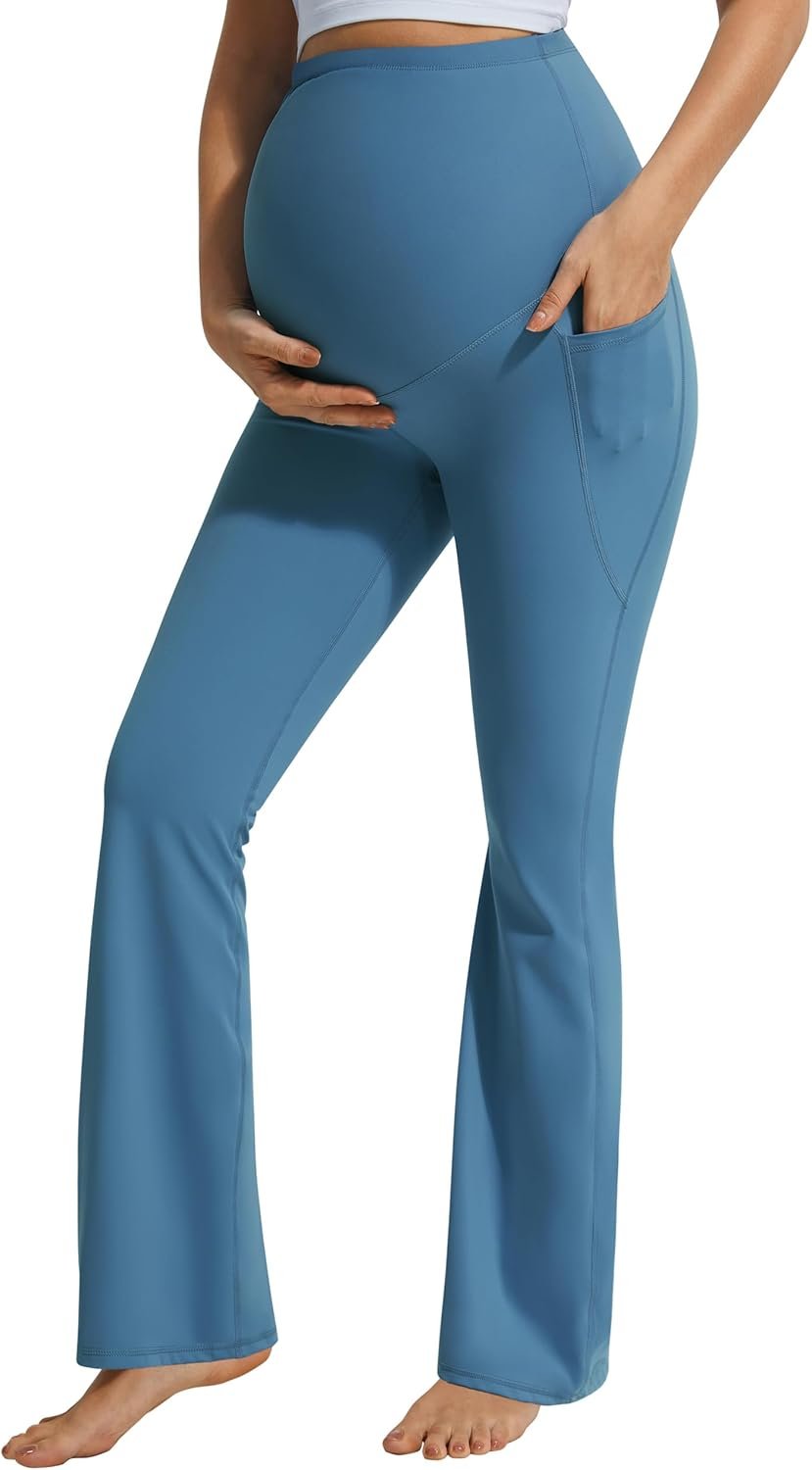 Smooth Feeling Flare Maternity Leggings Over The Belly with Pockets Soft Bootcut Pregnancy Yoga Pants