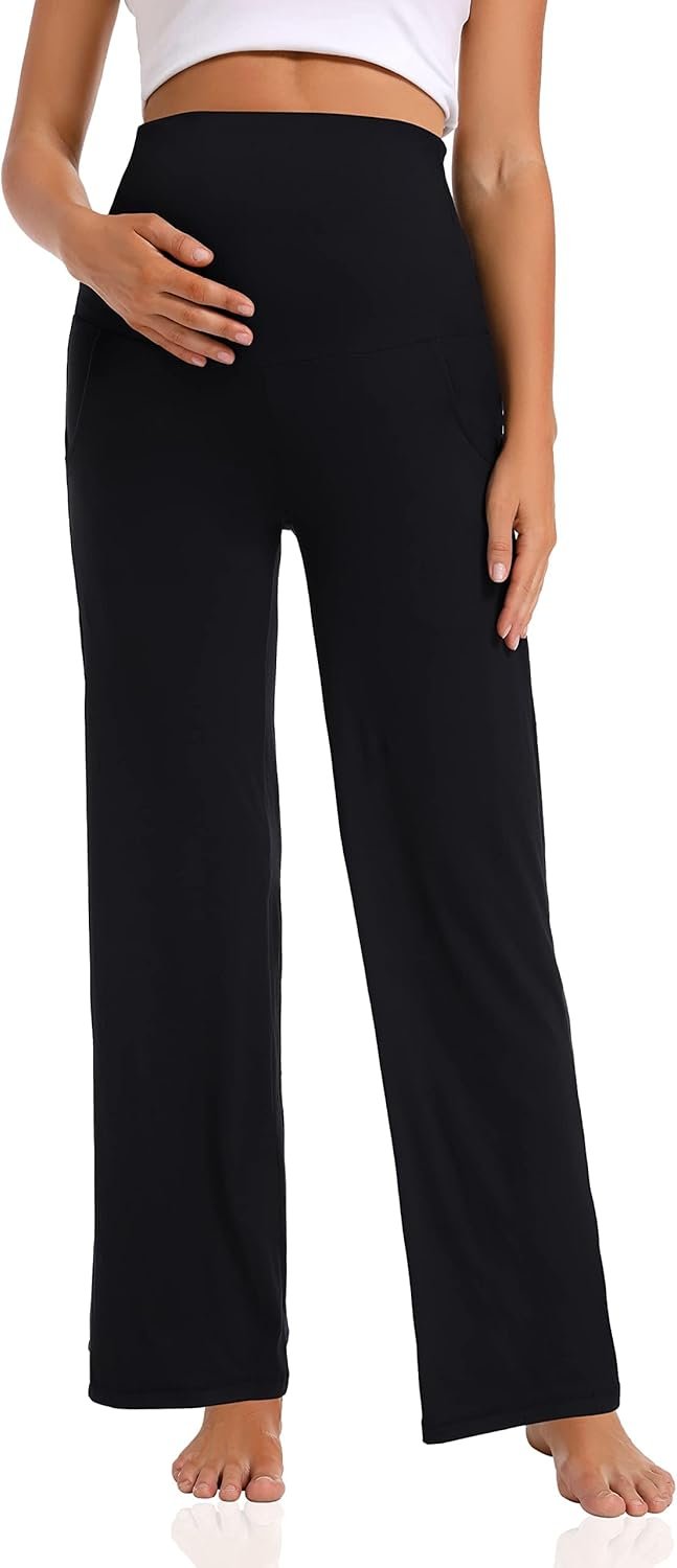 Women's Maternity Pants Casual Loose Wide Leg Cozy Pant Pregnancy Palazzo Lounge Trousers with Pockets