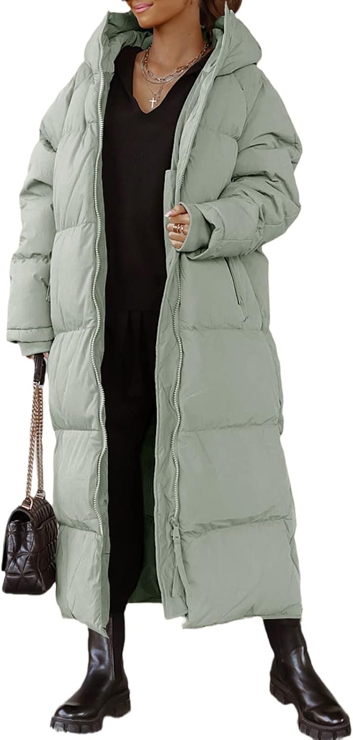 Womens Hooded Long Quilted Coat Maxi Length Long Sleeve Puffer Jacket Warm Padded Coat Thick Winter Outerwear