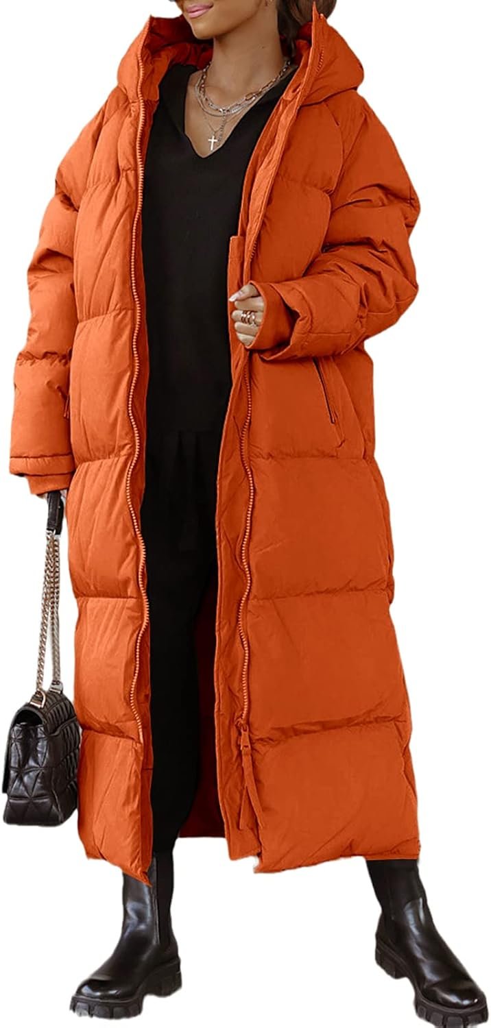 Womens Hooded Long Quilted Coat Maxi Length Long Sleeve Puffer Jacket Warm Padded Coat Thick Winter Outerwear