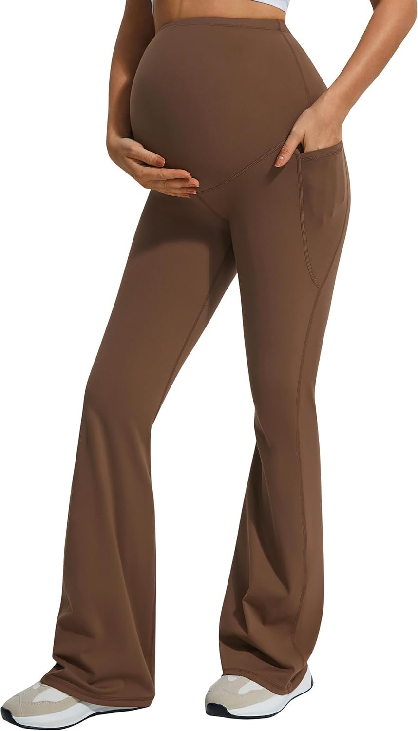 Smooth Feeling Flare Maternity Leggings Over The Belly with Pockets Soft Bootcut Pregnancy Yoga Pants