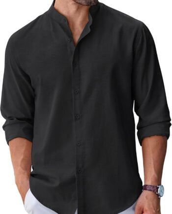Men's Long Sleeve Oxford Dress Shirts Chambray Button Down Shirt Casual Band Collar Shirts