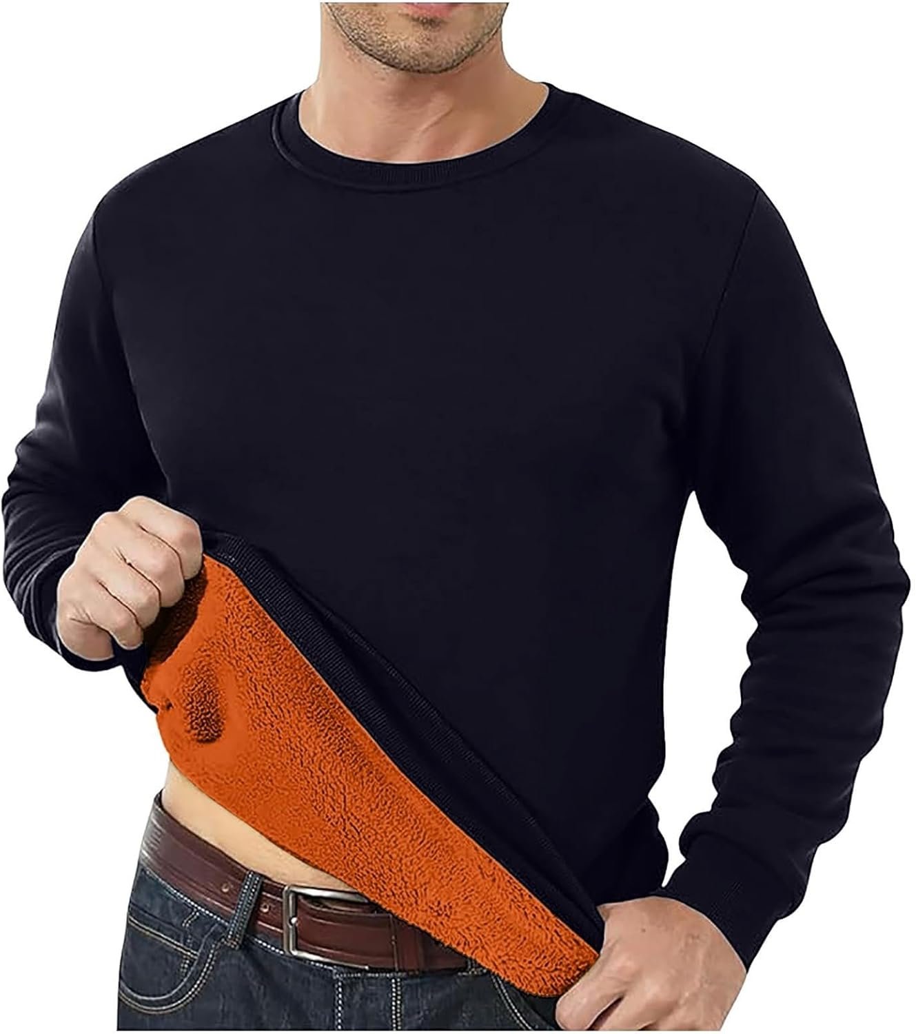 Men's Lined Sweatshirts Fall Premium Heavy-Weight Thermal Shirt Men Base Layer Long Sleeve Round Neck Undershirts