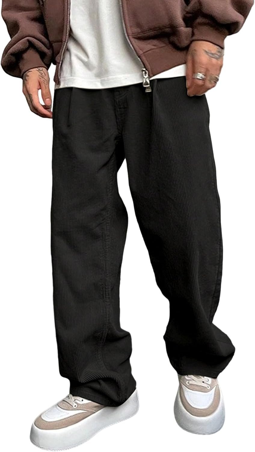 Men's Casual Drawstring Elastic Waist Wide Leg Pants Long Trousers with Pockets