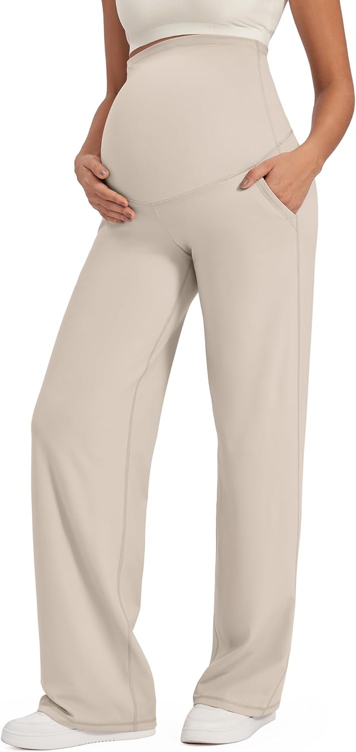 Maternity Pants Over The Belly Yoga Dress Work Pregnancy Pants Stretchy Lounge Wide Leg Trousers with Pockets