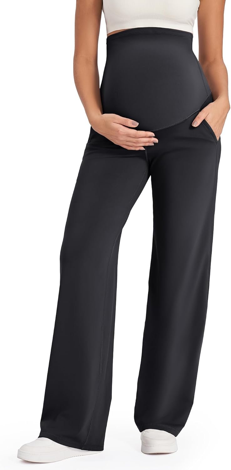 Maternity Pants Over The Belly Yoga Dress Work Pregnancy Pants Stretchy Lounge Wide Leg Trousers with Pockets
