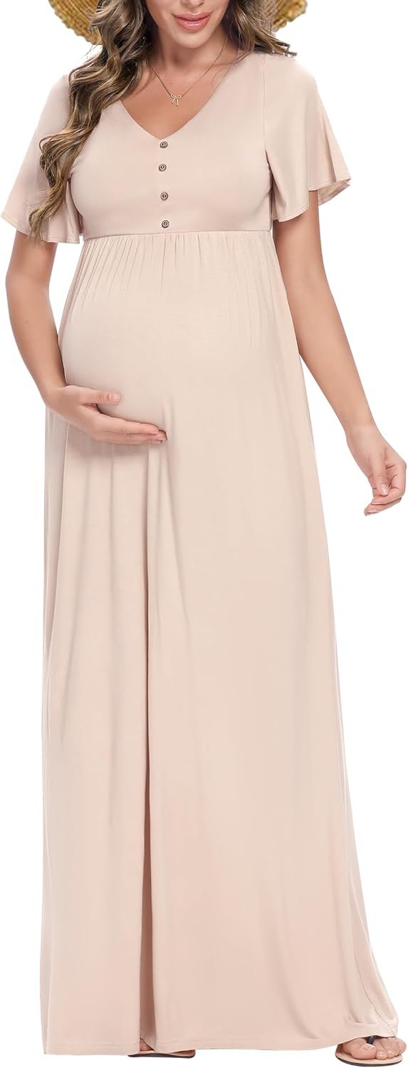 Summer Maternity Dresses for Women Maternity Photoshoot Dress with Decorative Button Baby Shower Dress