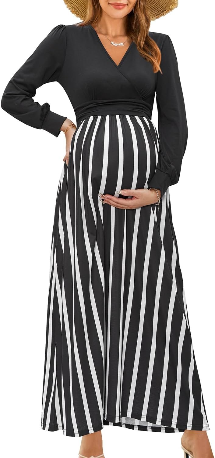 Maternity Maxi Dress Wrap V Neck Baby Shower Pregnancy Dresses for Photoshoot