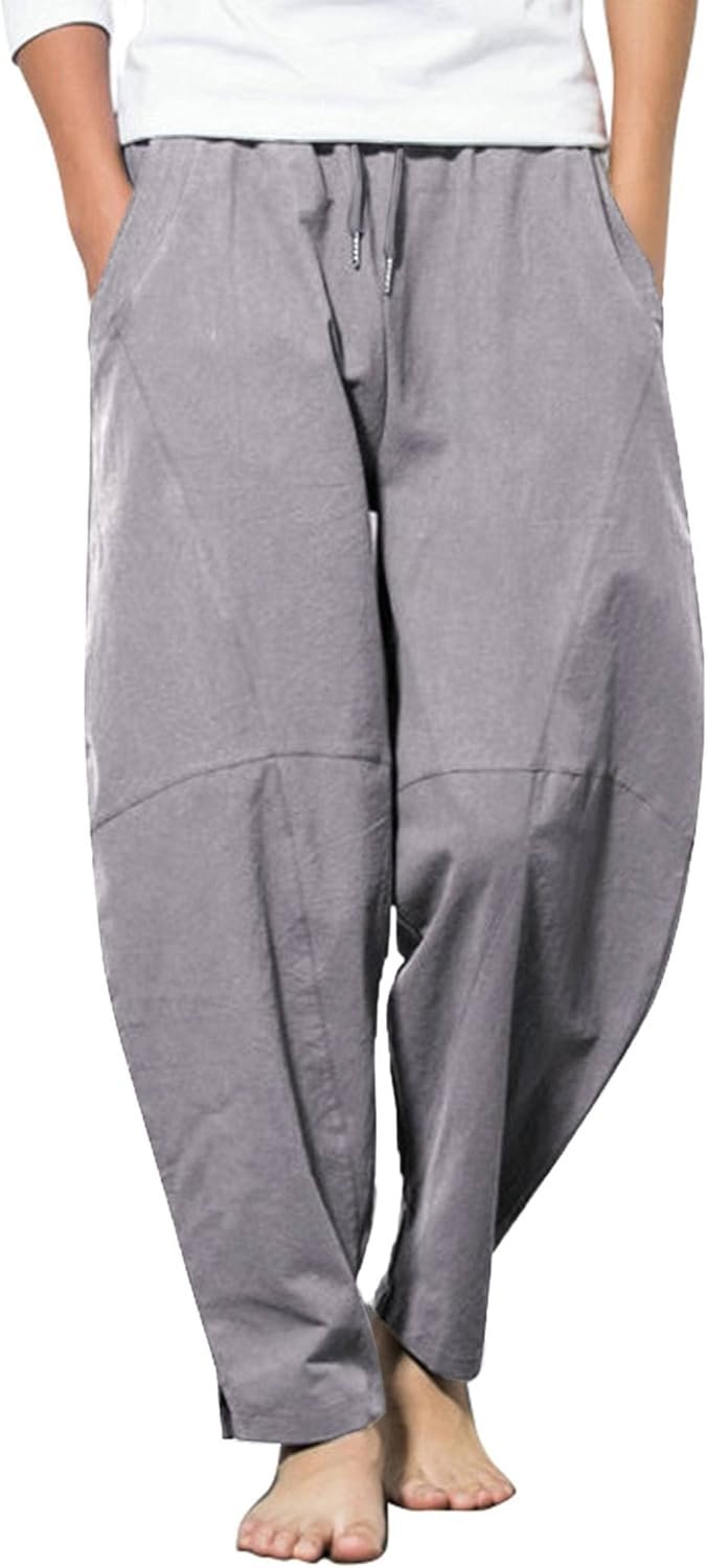 Men's Linen Harem Drawstring Pants Casual Elastic Waist Lightweight Trouser Hippie Summer Beach Yoga Pants