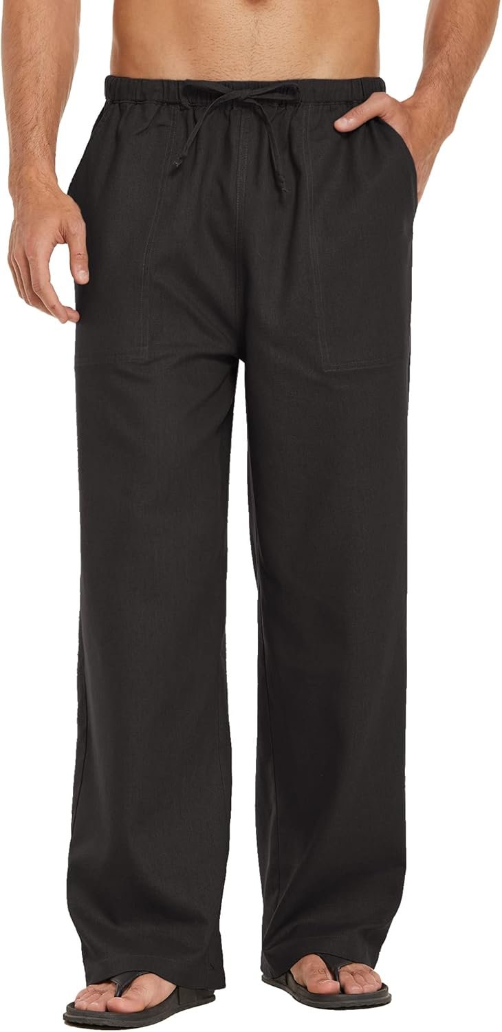 Mens Casual Linen Pants Elastic Waist Linen Pants Drawstring Summer Beach Yoga Linen Trouser