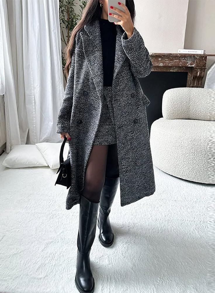 Women's Winter Casual Herringbone Wool Coat Double Breasted Notch Collar Dressy Long Trench Coat
