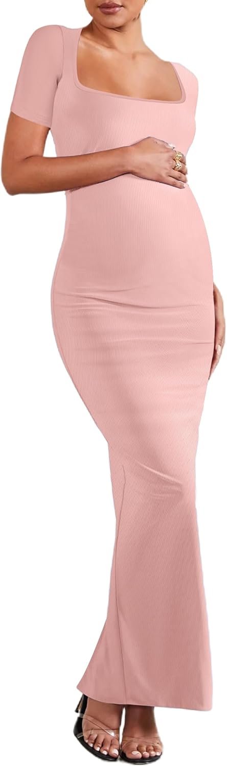 Women's Ribbed Maxi Dress Body-Hugging Fit Maternity Dress Before During After Pregnancy