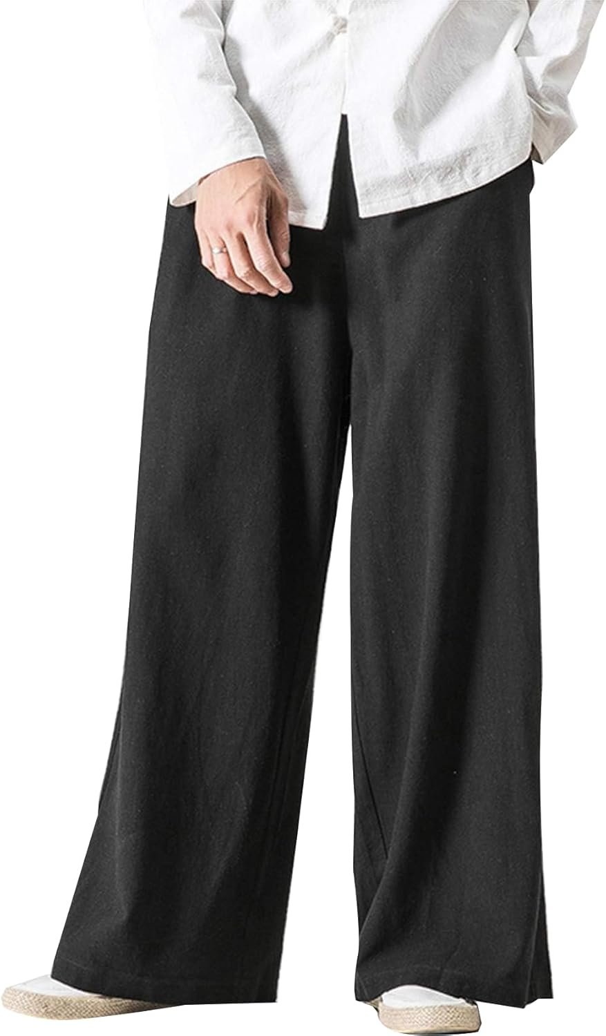 Mens Linen Pants Casual Wide Leg Baggy Pants Summer Cotton Elastic Waist Yoga Beach Palazzo Trousers