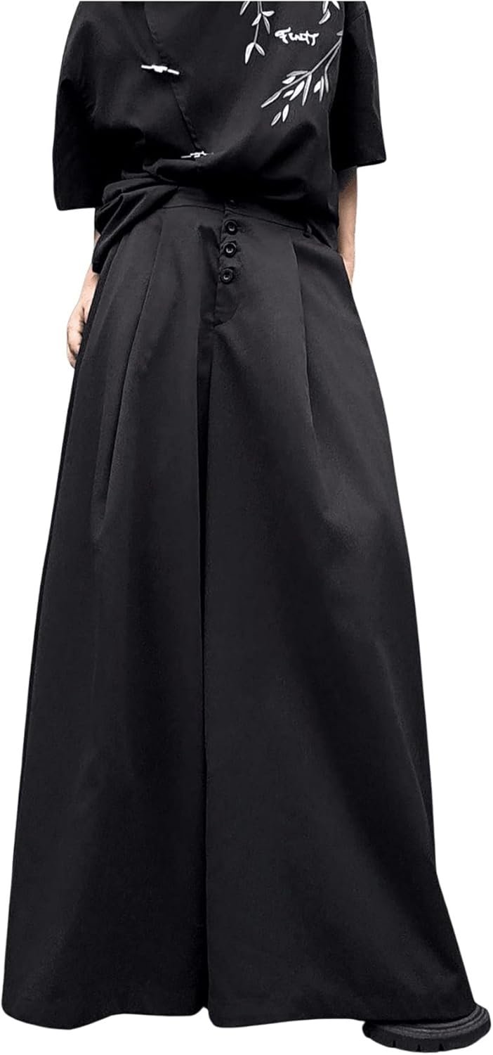 Men's Baggy Wide Leg Pants Button Front Pleated Long Trousers Zipper Fly Palazzo Pants Streetwear