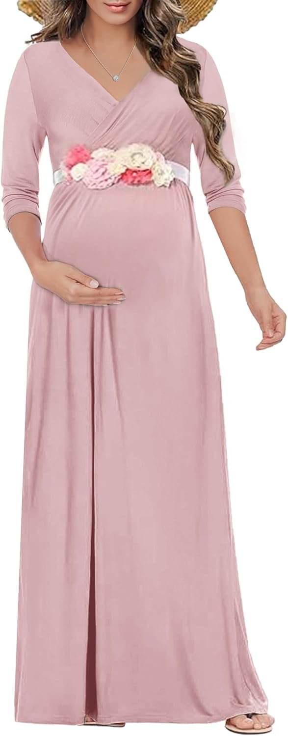 Maternity Maxi Dress with Flower Sash(S-3XL)/Wrapped Ruched V Neck Photoshoot Baby Shower Dresses
