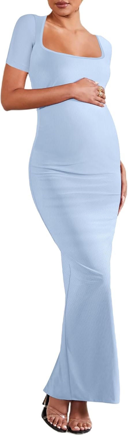 Women's Ribbed Maxi Dress Body-Hugging Fit Maternity Dress Before During After Pregnancy