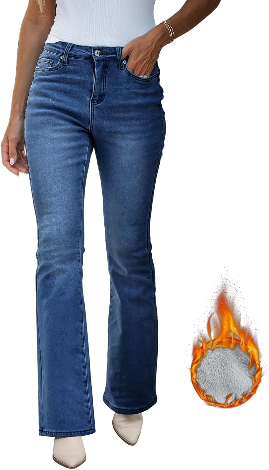 Bootcut Jeans for Women High Waist Stretchy Fleece Lined Pants Flare Jeans Denim Thermal Pants Winter Clothes