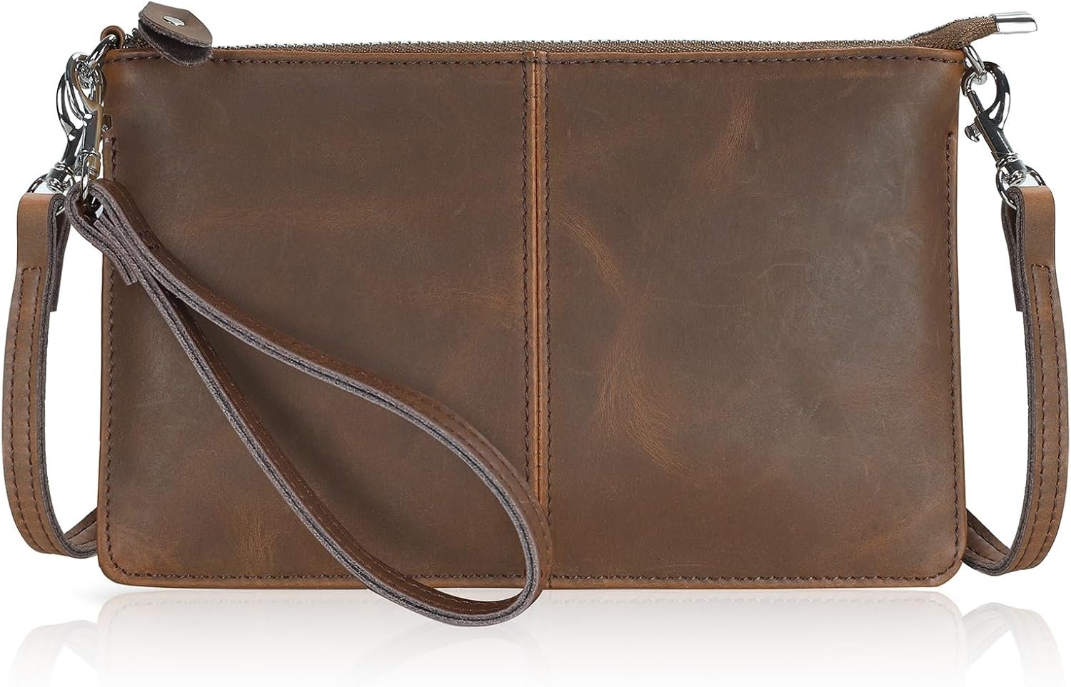 Genuine Leather Wristlet Clutch Wallet Purses Small Crossbody Bags Shoulder Handbag for Women, Silver Zipper