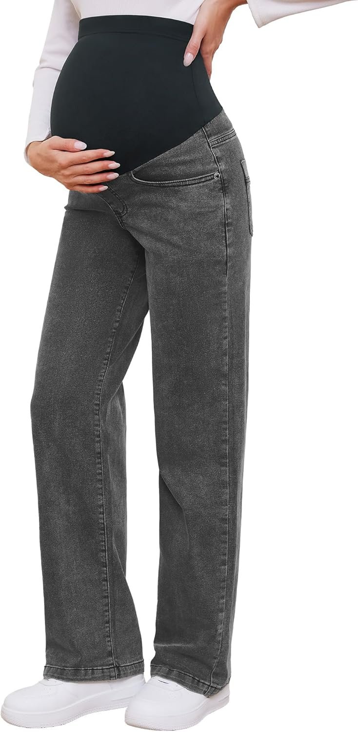 Women's Maternity Jeans Straight Leg Relaxed Fit Over Belly Pregnancy Denim Work Pants Maternity Clothes with Pockets