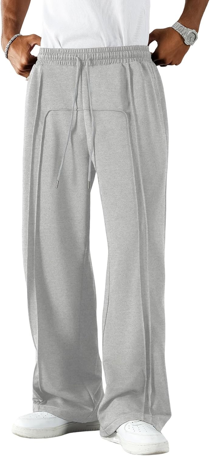 Mens Wide Leg Sweatpants Casual Straight Baggy Drawstring Loose Fit Sweats Basic Workout Track Pants with Pockets
