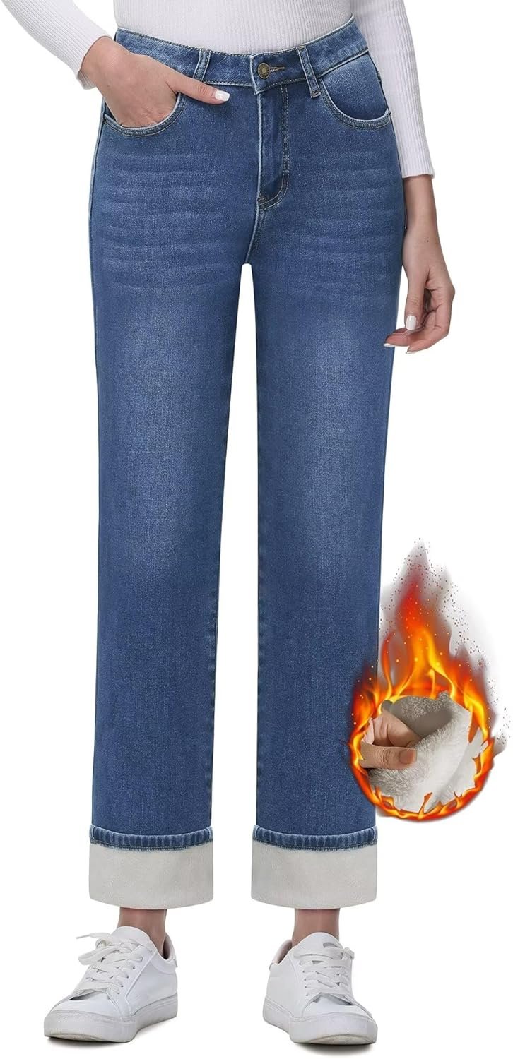 Women's Fleece Lined Jeans Women Straight Leg Winter Fleece Lined Pants High Waist Lined Jeans Heated Denim Pants