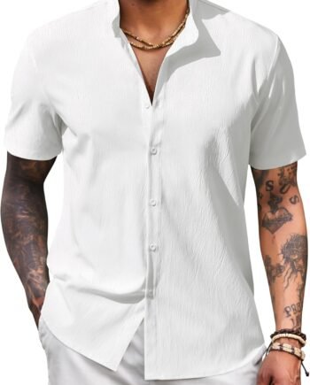 Men's Casual Button Down Short Sleeve Shirt Band Collar Shirts Textured Beach Summer Shirt