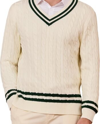 Mens V Neck Sweater Pullover Pure Cotton Cable Knit Preppy College Style Knitwear Long Sleeve