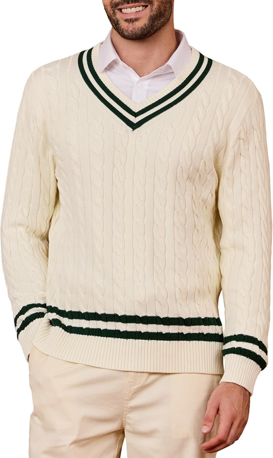 Mens V Neck Sweater Pullover Pure Cotton Cable Knit Preppy College Style Knitwear Long Sleeve