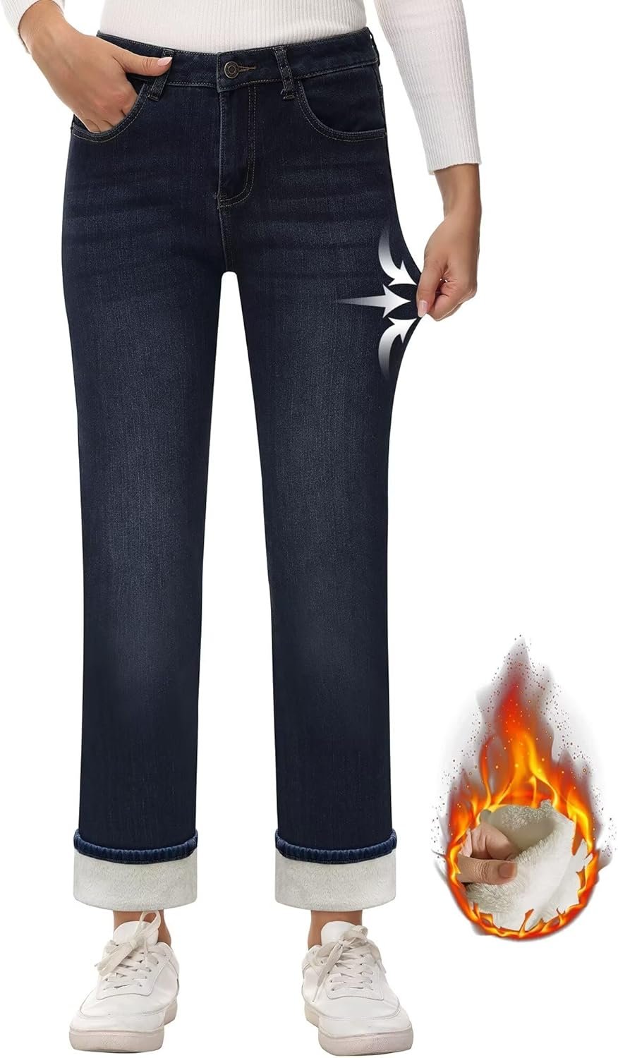 Women's Fleece Lined Jeans Women Straight Leg Winter Fleece Lined Pants High Waist Lined Jeans Heated Denim Pants