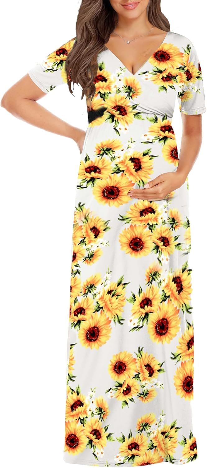 Maternity Maxi Dress with Flower Sash(S-3XL)/Wrapped Ruched V Neck Photoshoot Baby Shower Dresses