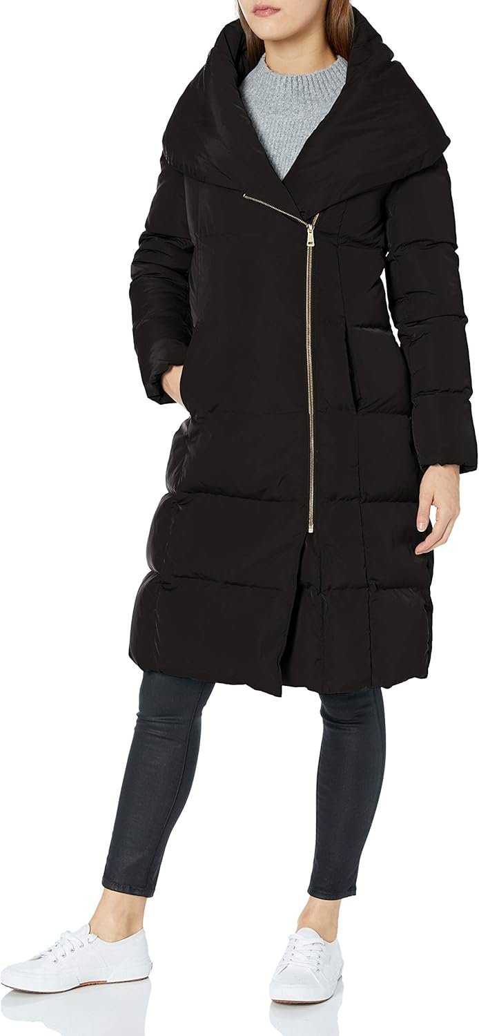 Women's Taffeta Down Coat With Bib Front and Dramatic Hood