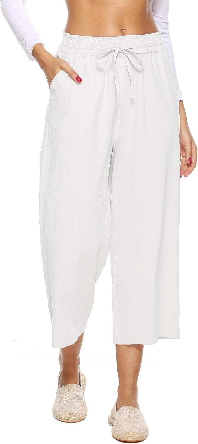 Womens Linen Pants High Waisted Wide Leg Drawstring Casual Loose Trousers with Pockets
