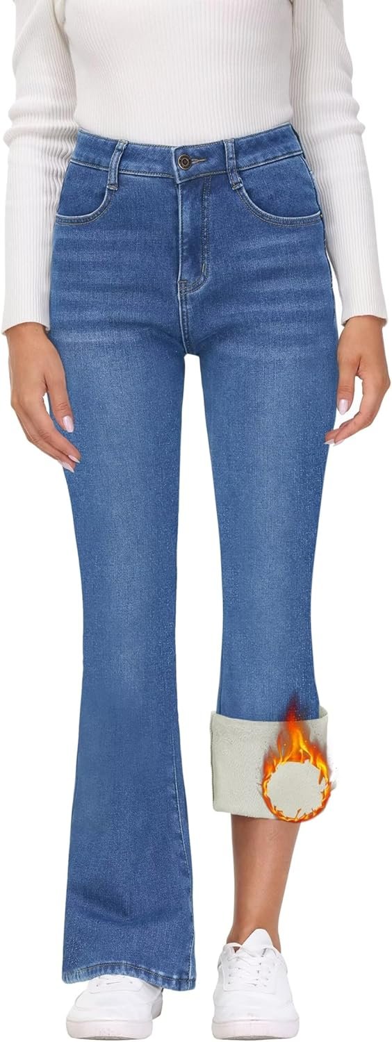 Women's Flare Fleece Lined Jeans Thermal Fleece High Waisted Bell Bottom Jeans Winter Warm Fleece Pants