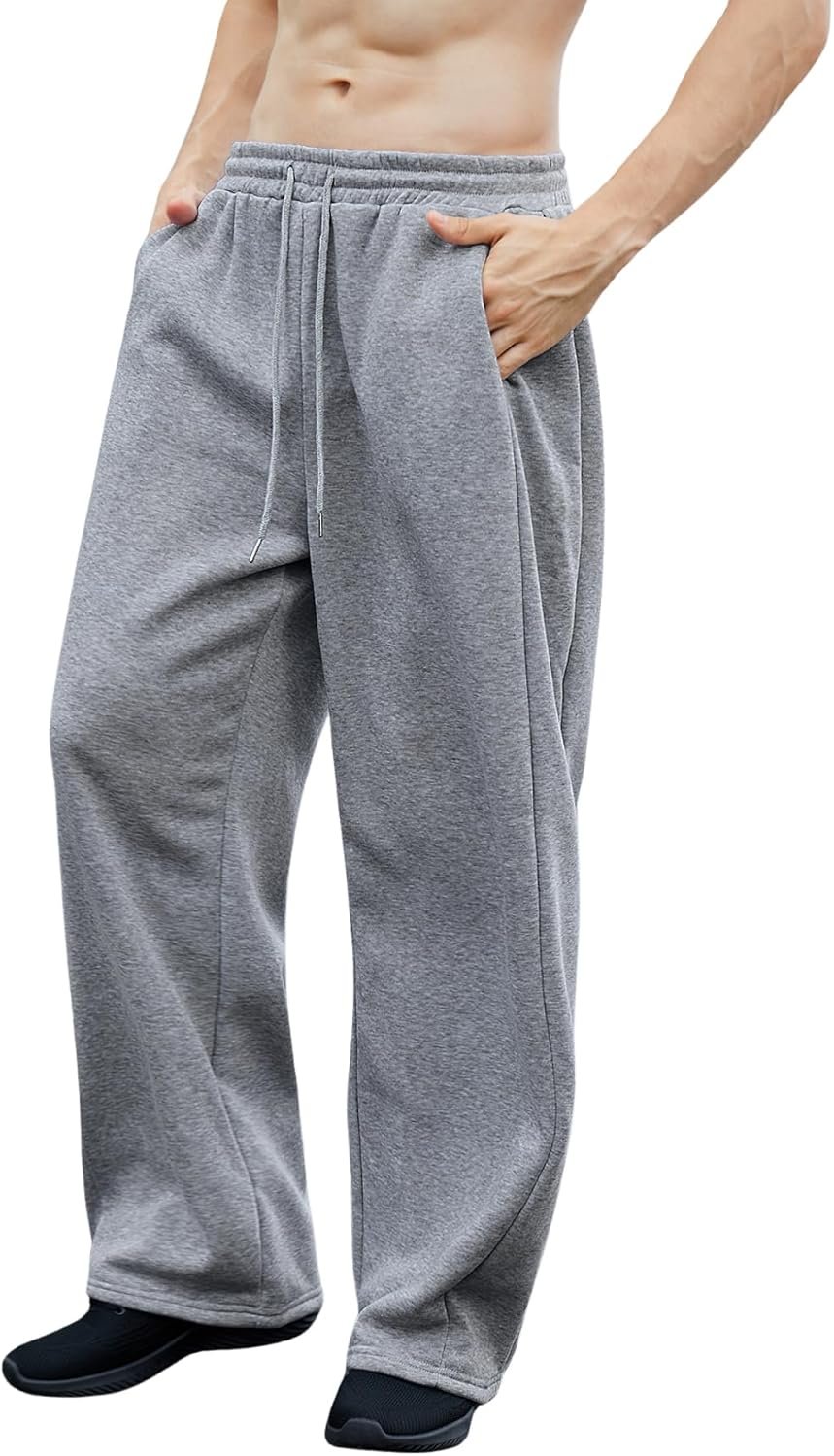 Men's Drawstring Waist Straight Wide Leg Baggy Pants Workout Athletic Sweatpants with Pocket