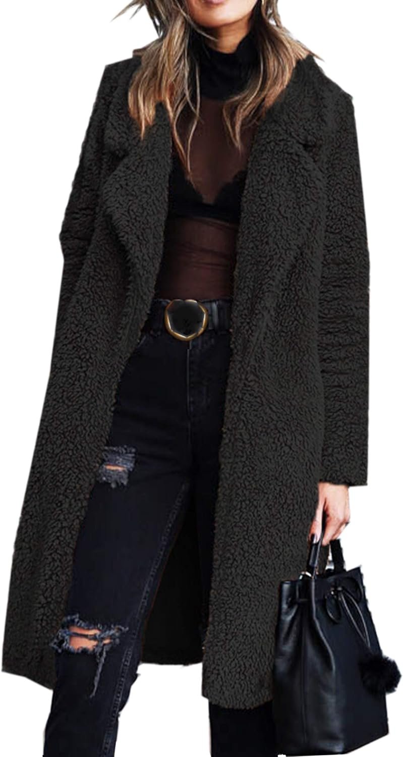 Women's Fuzzy Fleece Lapel Open Front Long Cardigan Coat Faux Fur Warm Winter Outwear Jackets