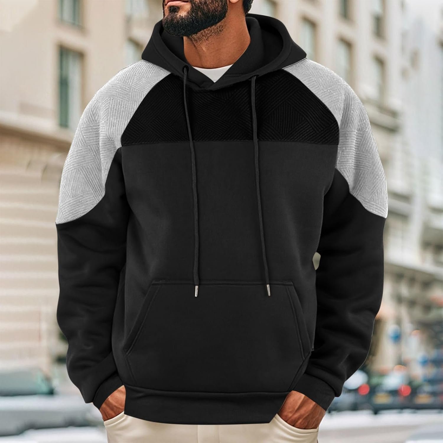 Mens Fleece Lined Hoodies Casual Colorblock Sherpa Lined Sweatshirt Winter Long Sleeve Hooded Pullovers with Pocket
