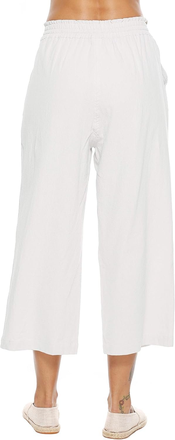 Womens Linen Pants High Waisted Wide Leg Drawstring Casual Loose Trousers with Pockets