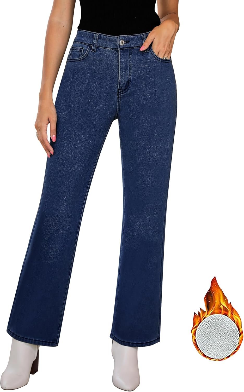 Jeans for Women Fleece Lined Pants High Waisted Stretchy Denim Straight Leg Baggy Jeans Warm Winter Clothes
