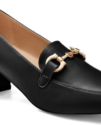 Women's Low Block Heel Pumps Slip On Chain Chunky Heel Closed Square Toe Comfortable Patent Leather Loafers Casual Dressy Business Office Work Shoes