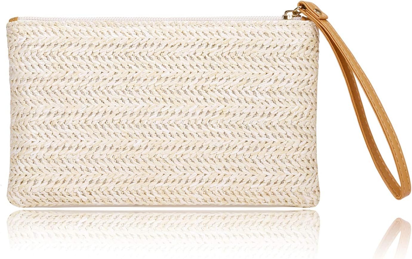 Womens Straw Clutch Bag Bohemian Summer Beach Straw Purse Zipper Wristlet Wallets for Women