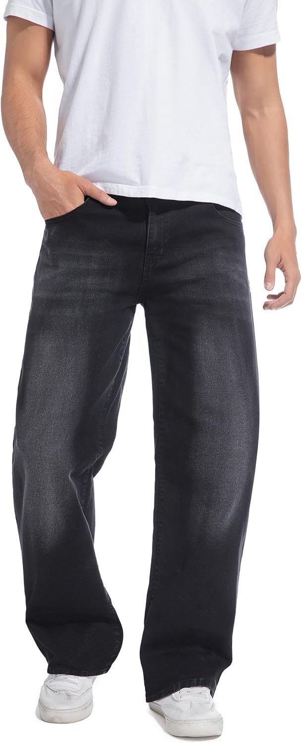 Men's Wide-Leg Baggy Flex Jeans Relaxed Loose Fit Long Denim Pants