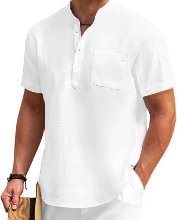 Men's Cotton Linen Henley Shirt Short Sleeve Hippie Casual Beach T-Shirts with Pocket