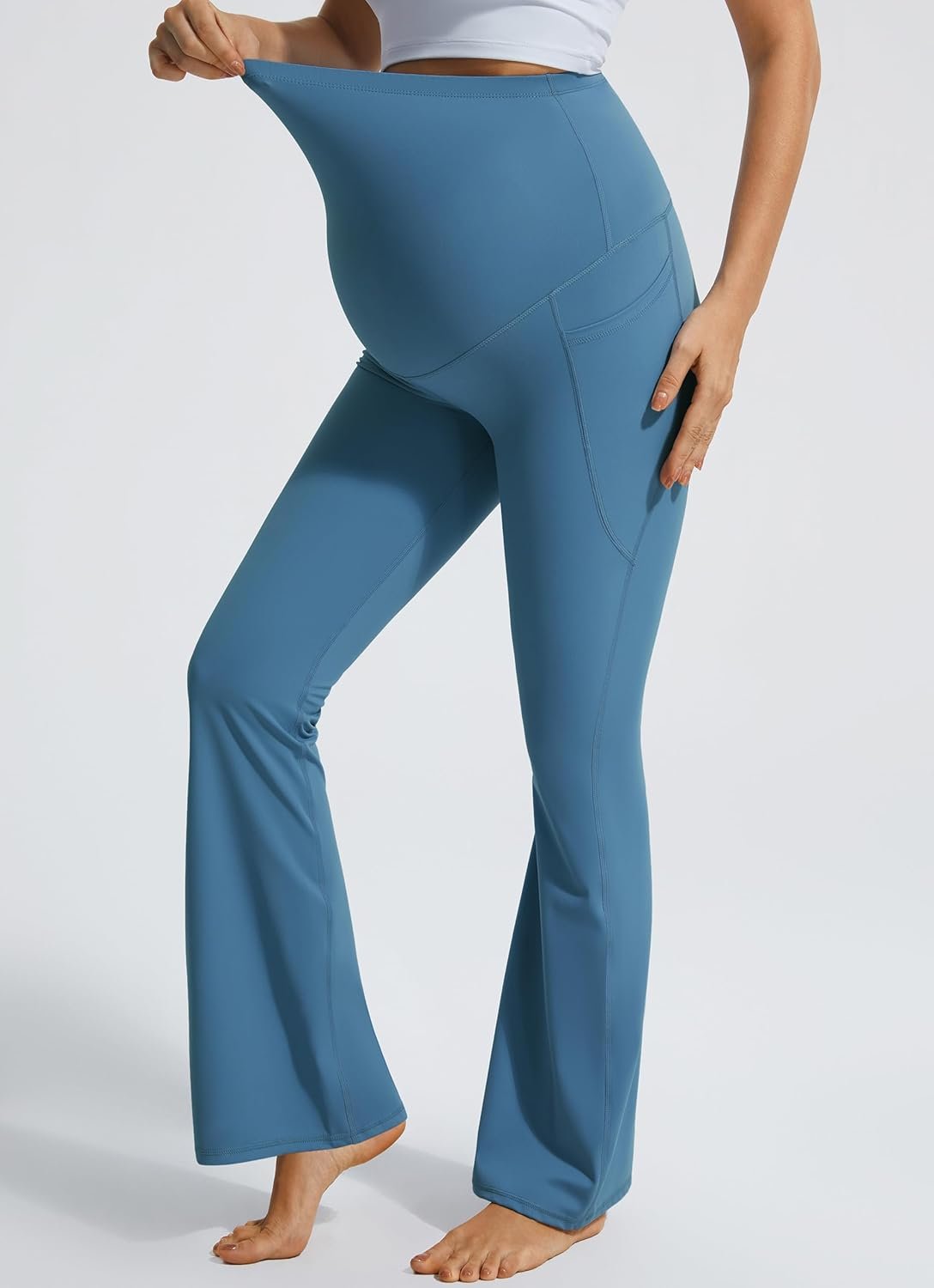 Smooth Feeling Flare Maternity Leggings Over The Belly with Pockets Soft Bootcut Pregnancy Yoga Pants