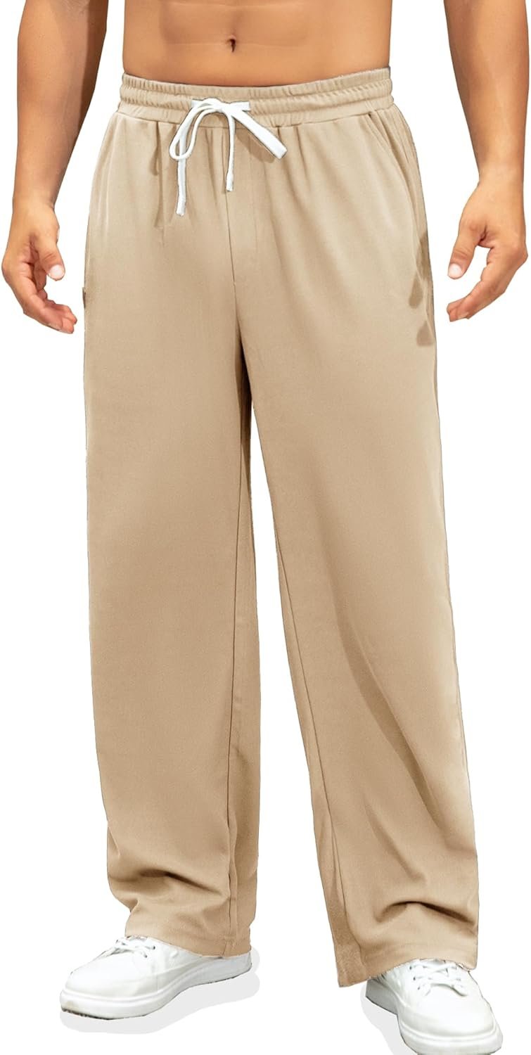 Men's Lounge Pants Wide Leg Drawstring Elastic Waist Casual Trousers Lightweight Travel Pants with Pockets