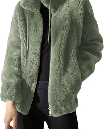 Women's Fashion Plush Coats Winter Warm Cardigan Coat Standing Collar Zip Up Fleece Tops Sweater Jacket