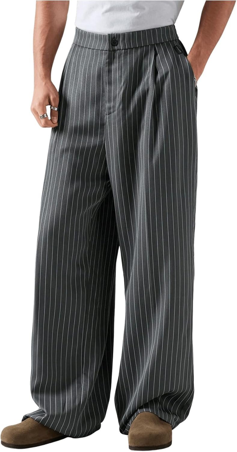 Men's Baggy Casual Pleated Striped Dress Pants 2025 Wide Leg Trousers with Pockets