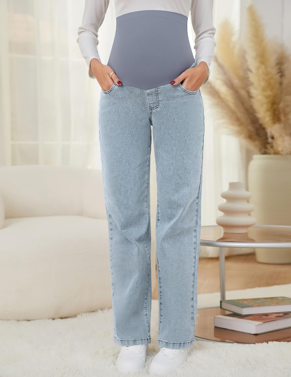 Women's Maternity Jeans Straight Leg Relaxed Fit Over Belly Pregnancy Denim Work Pants Maternity Clothes with Pockets