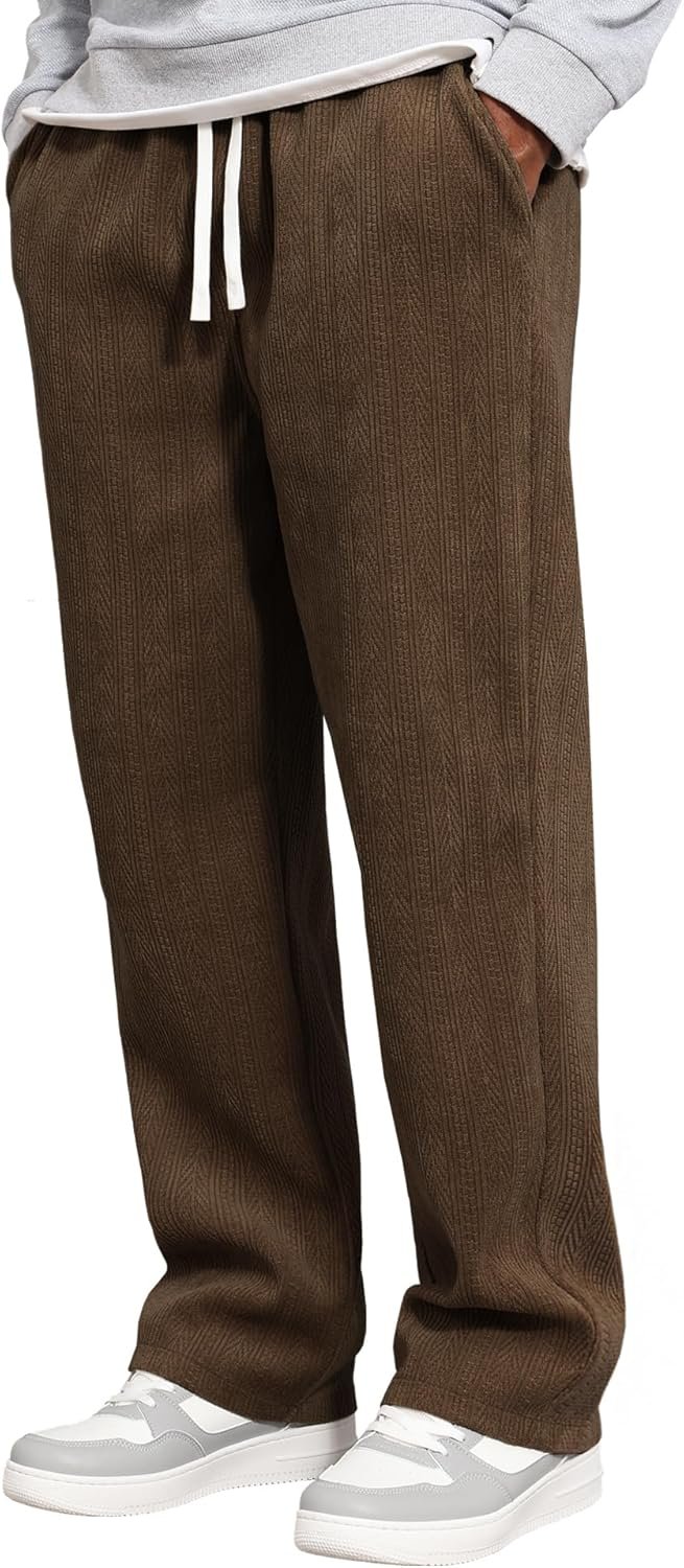 Mens Fashion Casual Elastic Waist Drawstring Baggy Pants Loose Fit Wide Leg Straight Sweatpants